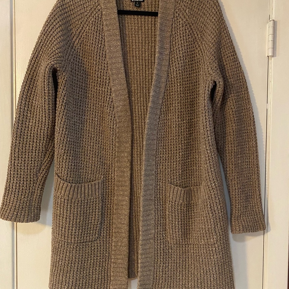 Patagonia Heavy Warm Tan Knit Cardigan with recycled cotton and polyester.
